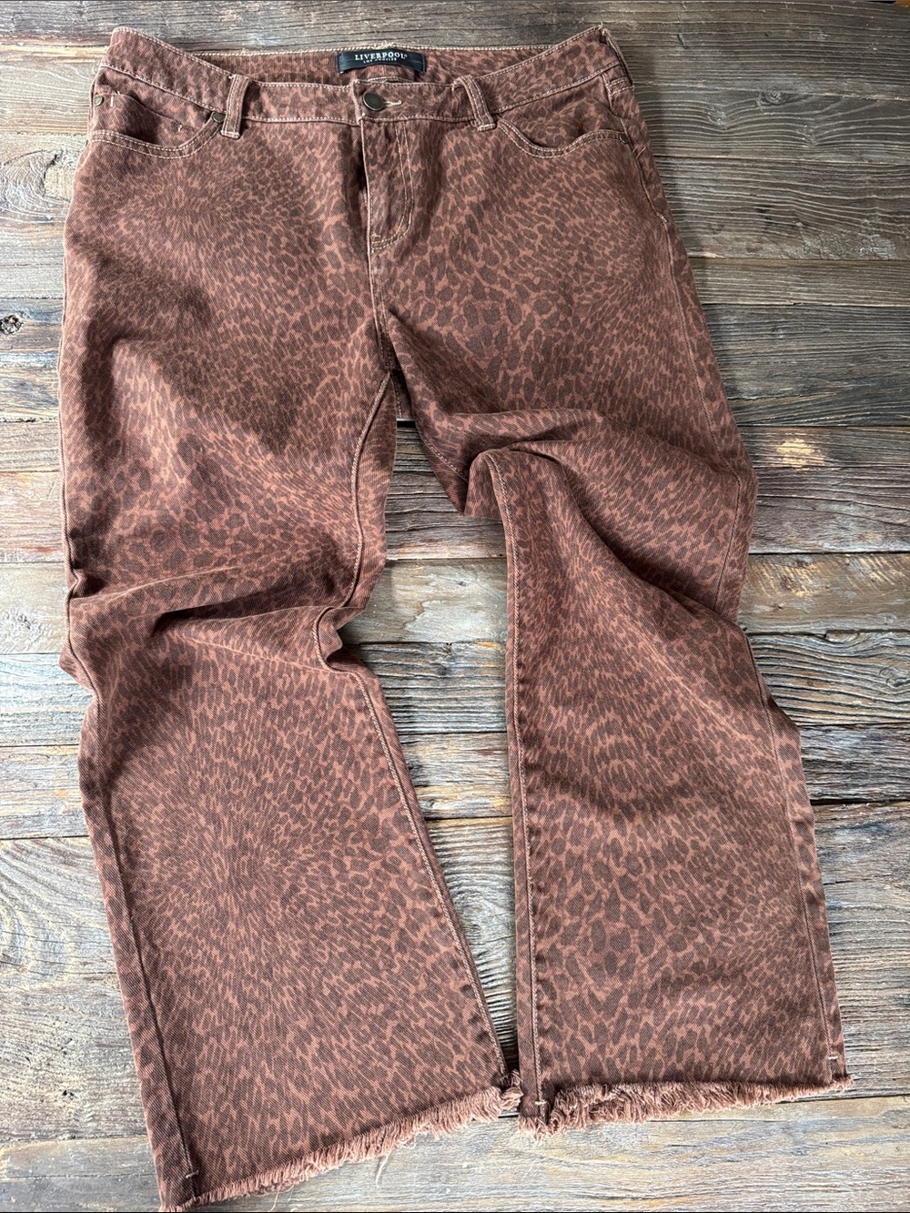 Liverpool Hanna cropped flare raw hem leopard animal print brown jeans 28 - Picture 8 of 10